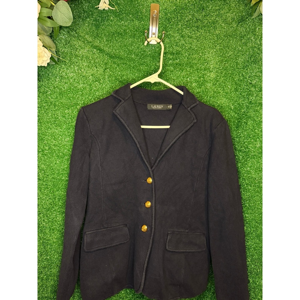 Lauren Ralph Lauren Black Knit Blazer Gold Buttons Women's Petite Small PS